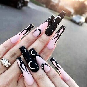 Nails Moon Stars Flames 24 Fake Press On Coffin Reusable Trendy Stylish Celeste